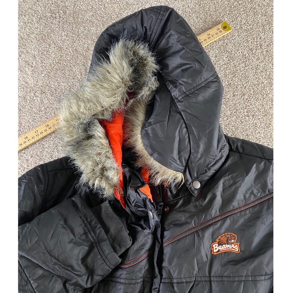 Columbia Oregon State Beavers Puffer Jacket Womens XL Black Faux Fur Hood XL5905